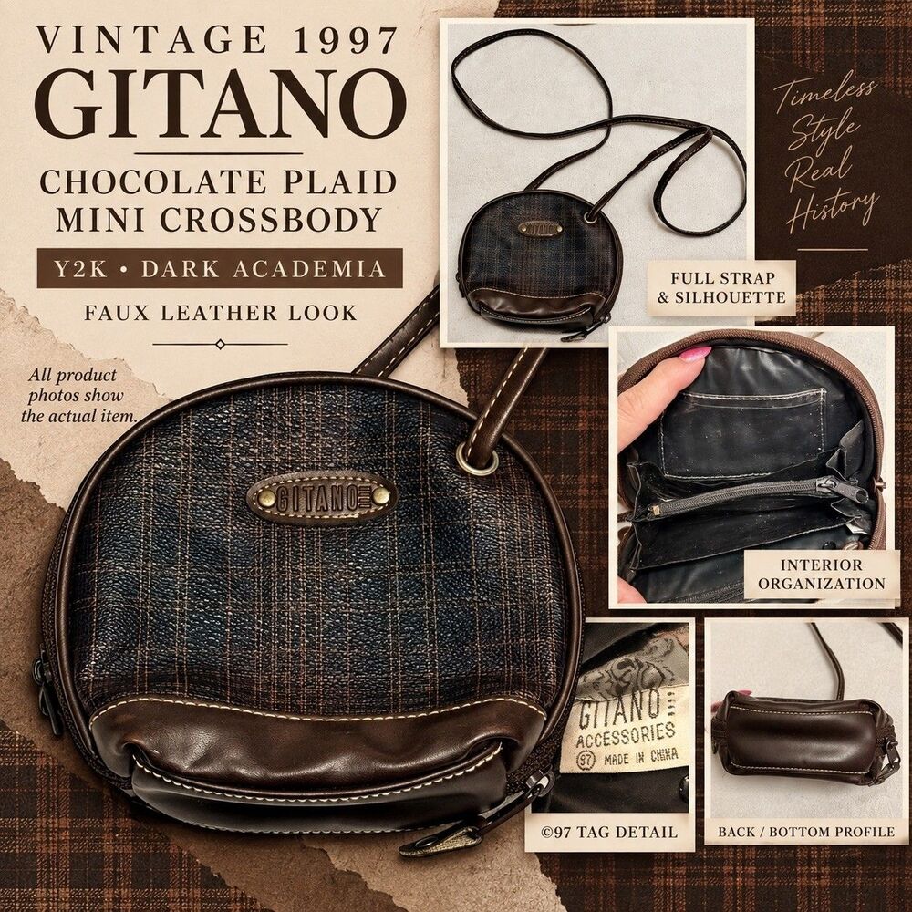 VTG 1997 Gitano Brown Plaid Mini Crossbody Bag Y2K Faux Leather Double Zip Purse